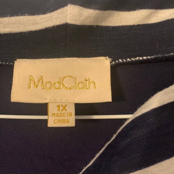 Modcloth womens 1x long sleeve navy blue stripe shirt cowl neck lightweight - Picture 2 of 9